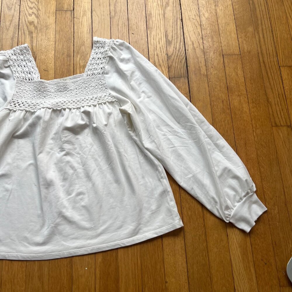 Smocked Crochet Peasant Blouse Hinge Size M White Long Sleeve Square Neck Top - Picture 2 of 16